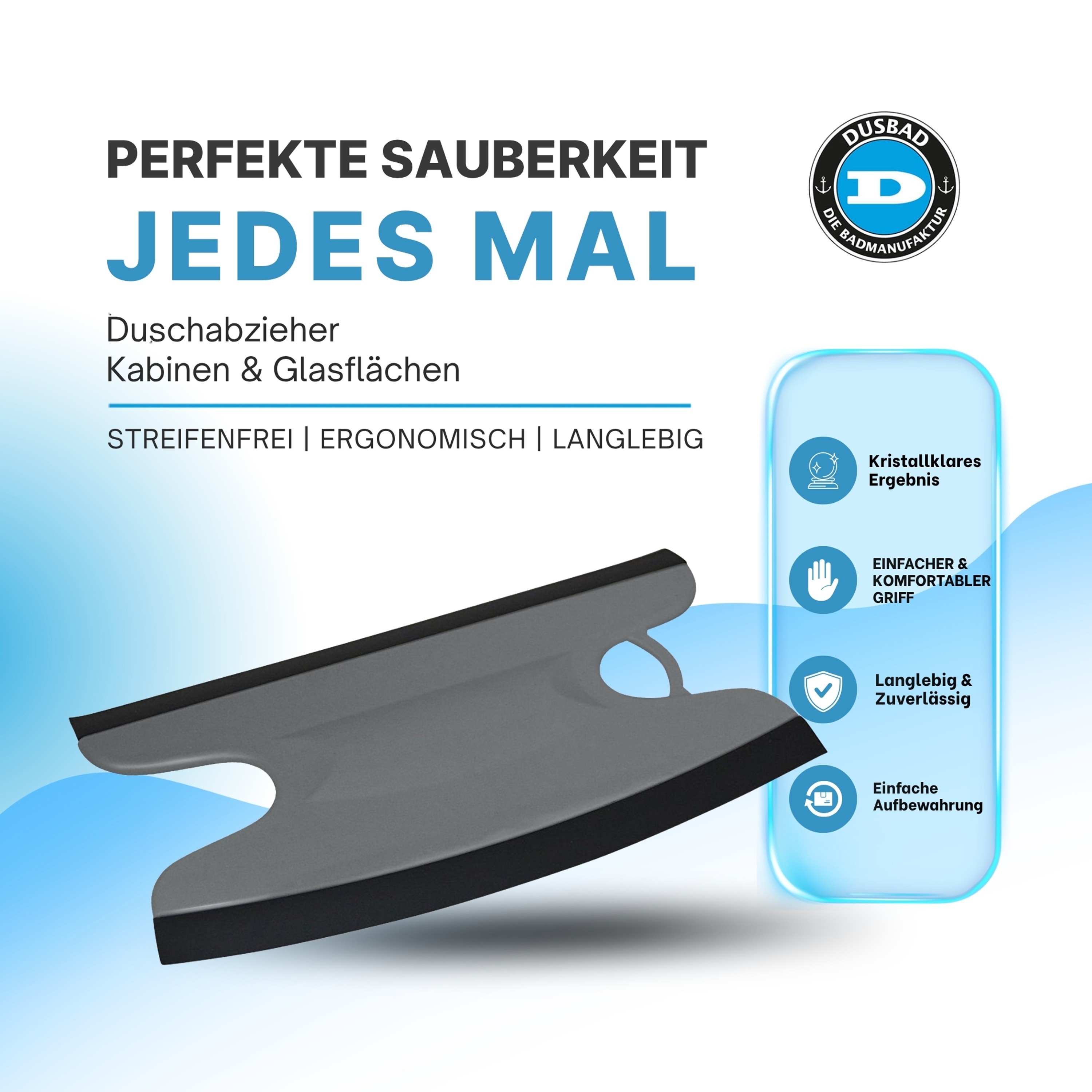 Dusbad Glas&Duschabzieher für Duschkabinen gerade|rund grau MadeInGermany