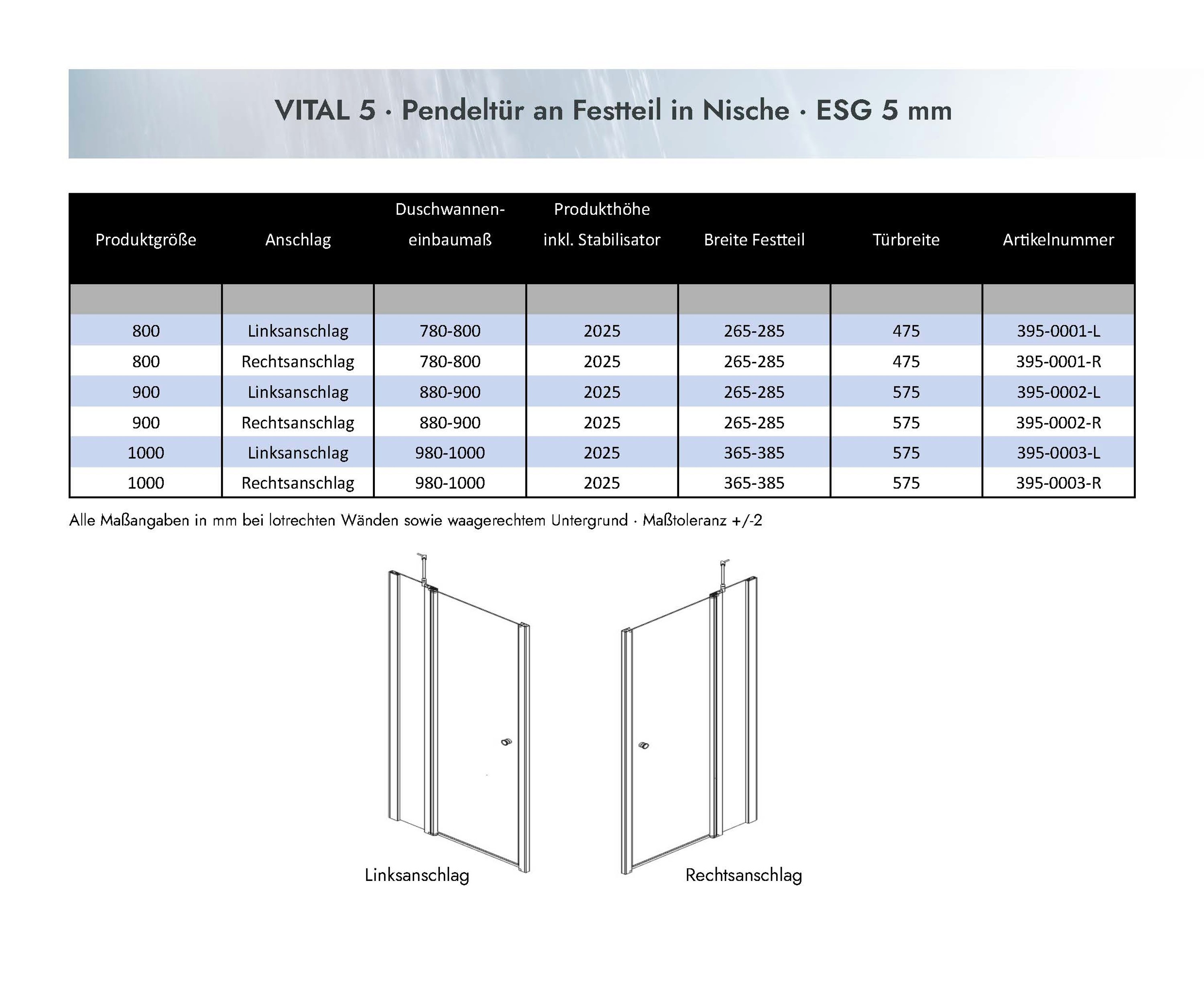 Duschkabine Dusbad Vital 5 Pendeltür an Festteil Nische Anschlag Tür: Rechts, Breite: 80cm
