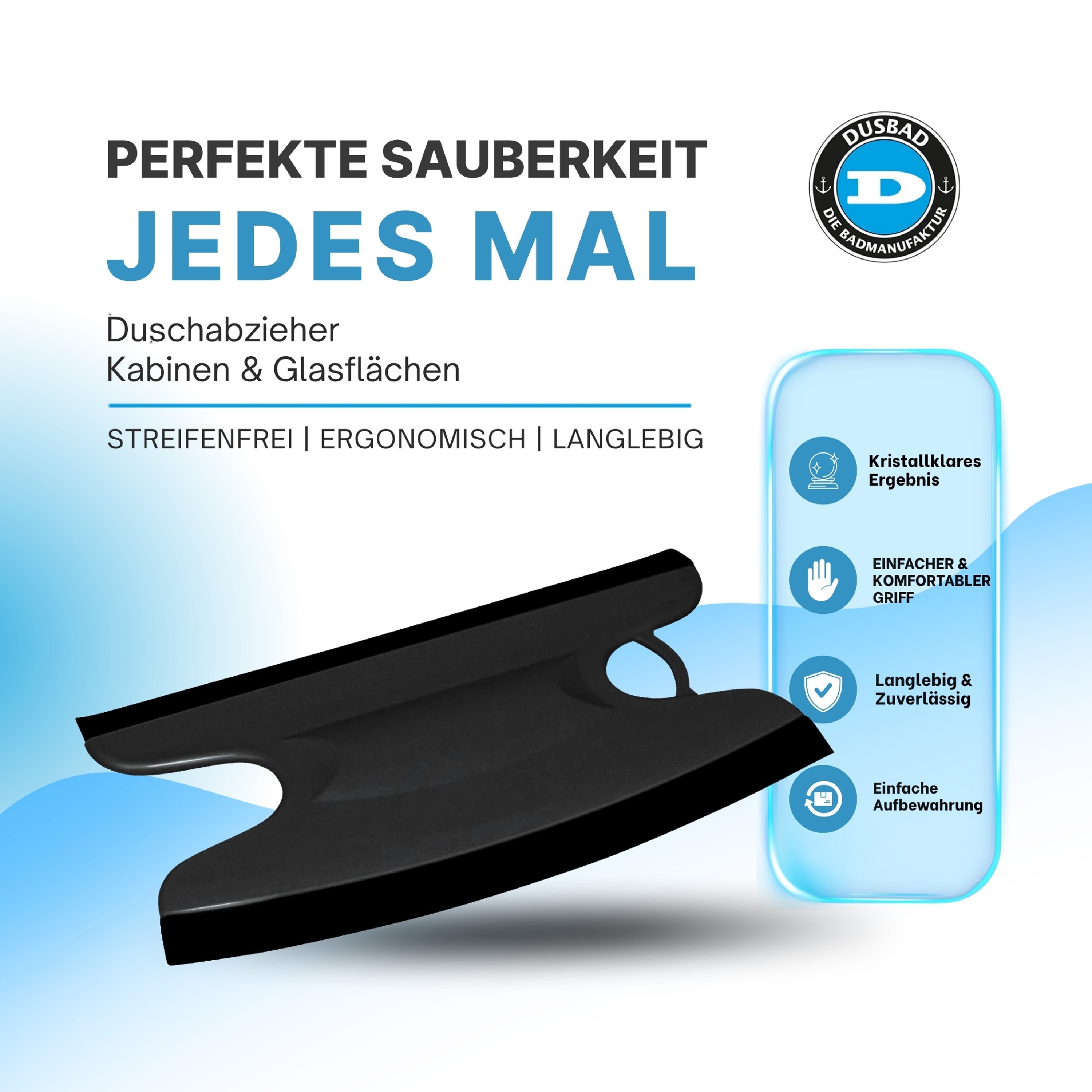 Dusbad Glas&Duschabzieher für Duschkabinen gerade|rund schwarz MadeInGermany
