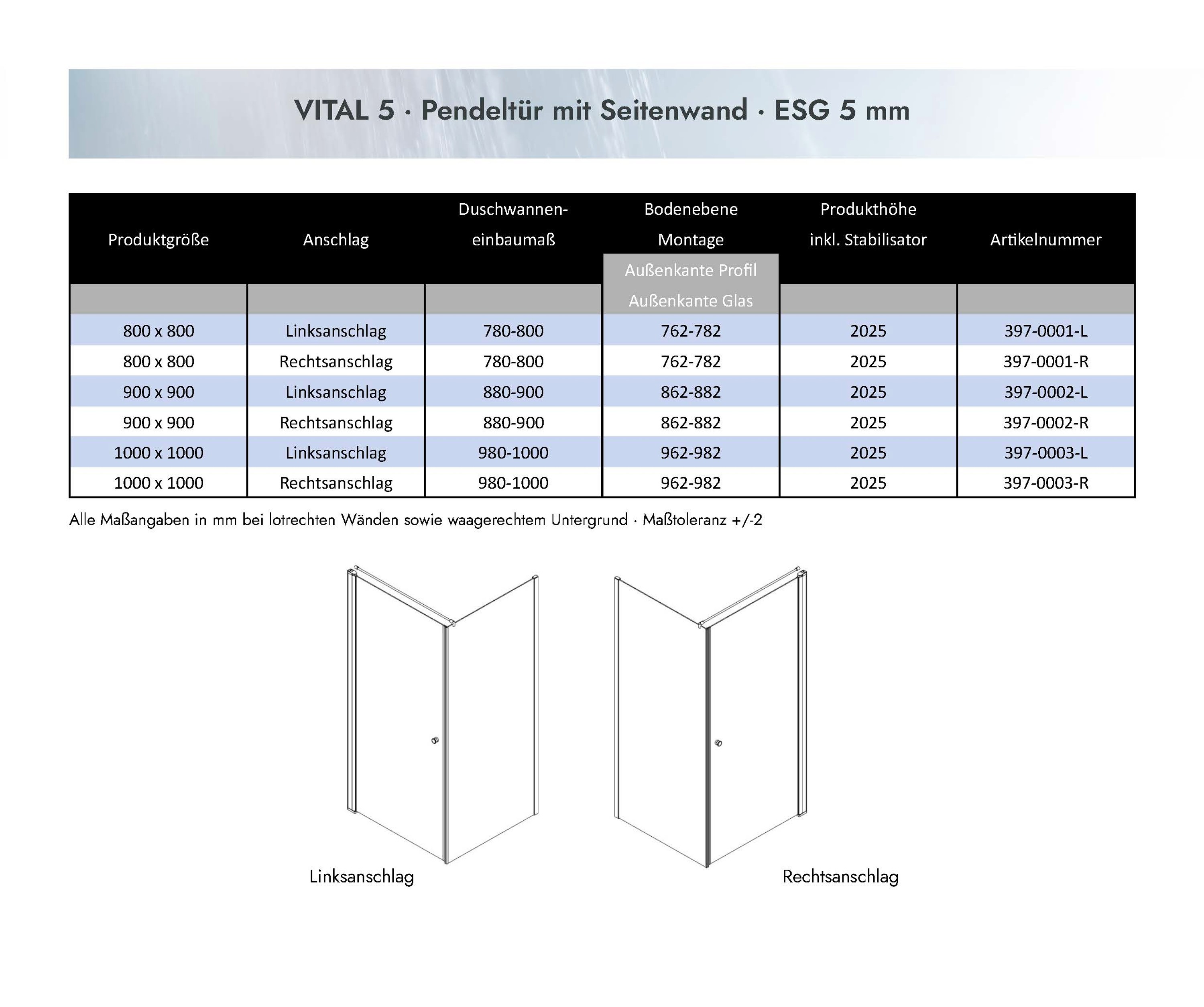 Duschkabine Dusbad Vital 5 Pendeltür mit Seitenwand ESG 5mm Made in Germany