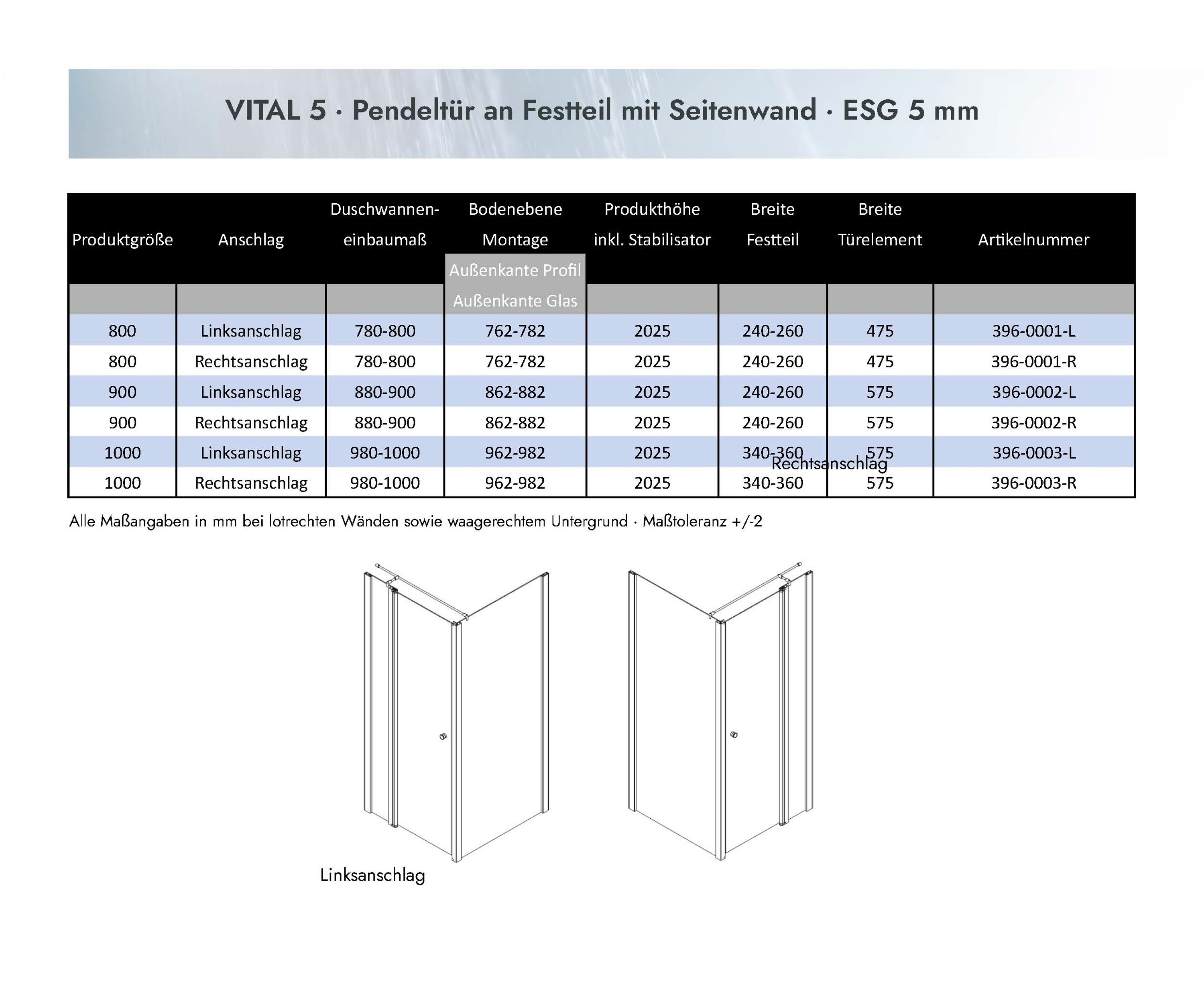 Duschkabine/ Duschabtrennung Dusbad Vital 5 Pendeltür an Festteil mit Seitenwand ESG 5mm Made in Germany